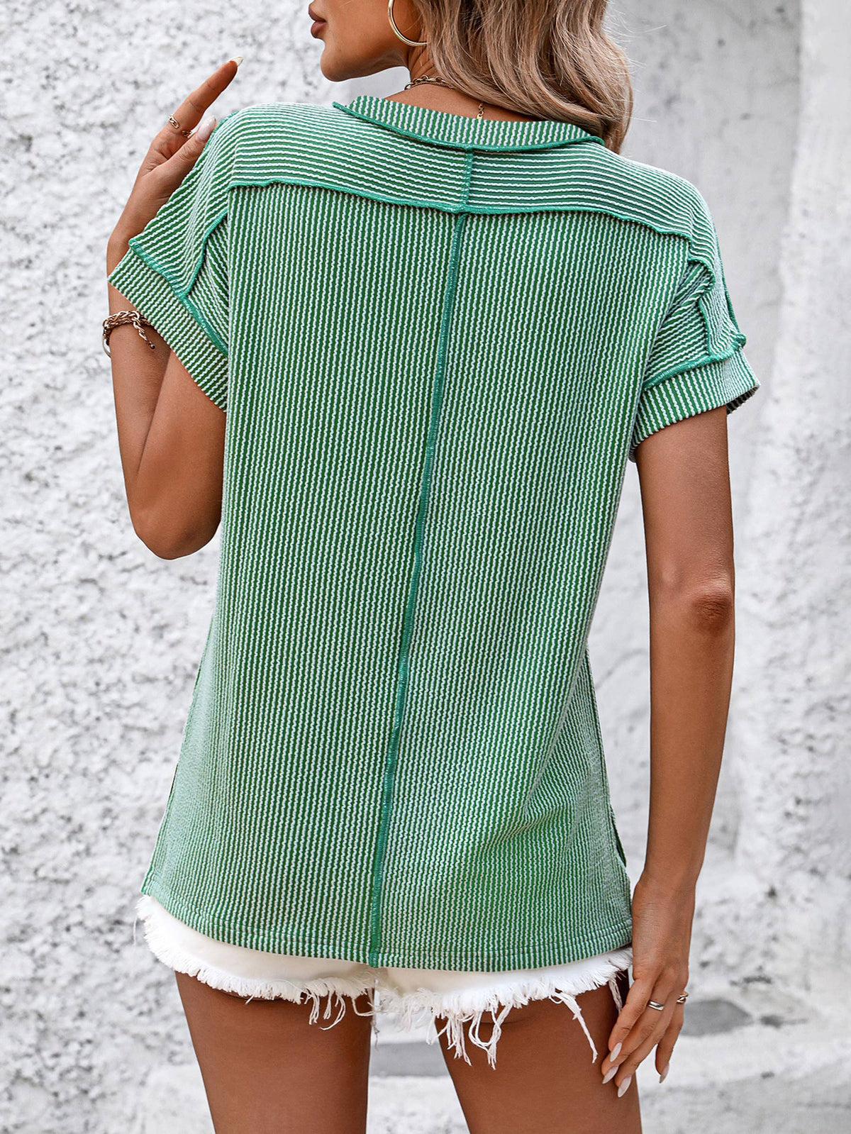 Crew Neck Exposed Seam Twist Detail Short Sleeve Loose Top