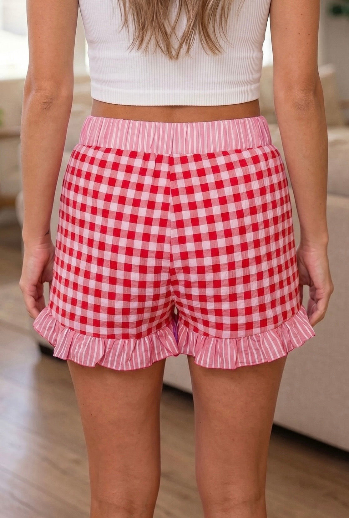 Red Gingham Print Ruffle Shorts