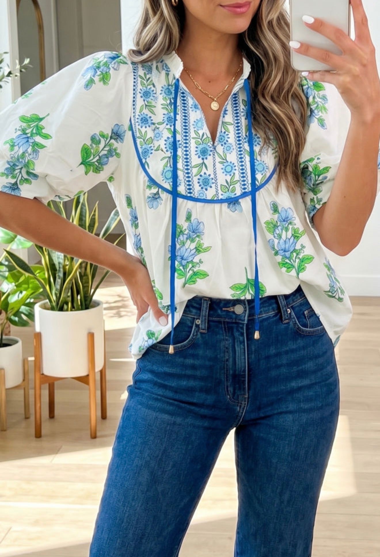 White Floral Tie Neck Top