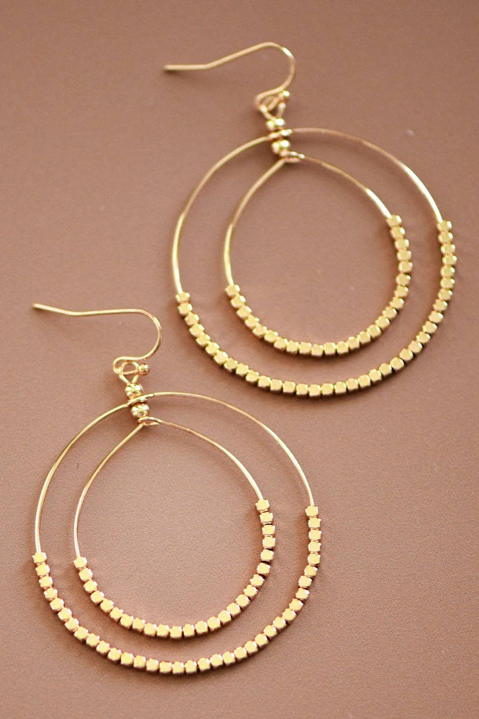 Gold Beaded Double Circle Drop Earrings - 5861