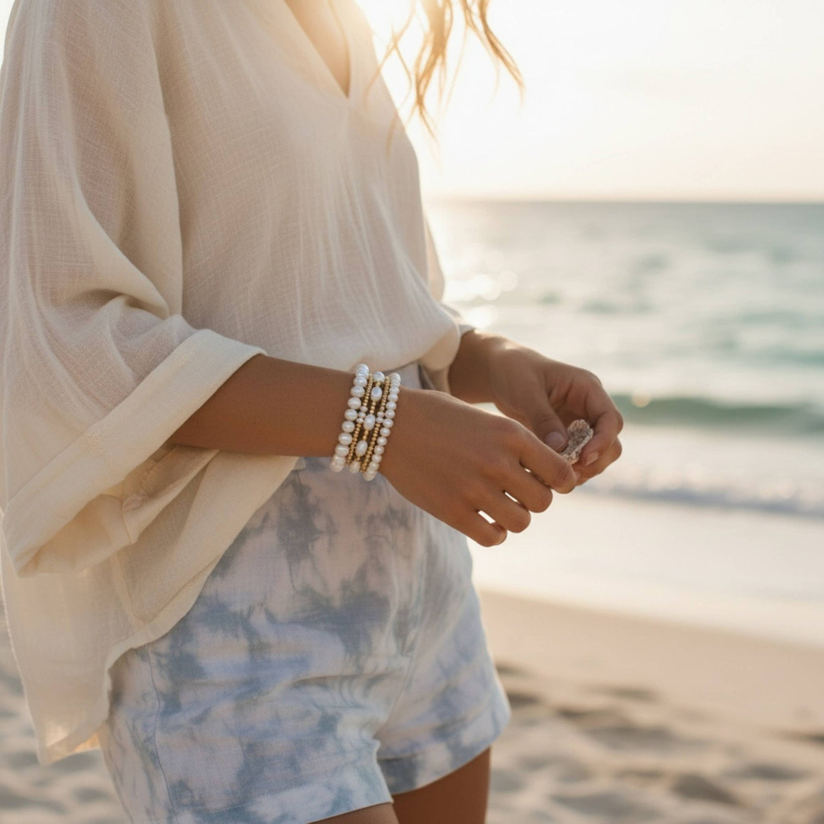 Tarnish Resistant Pearl & Gold Duo Beaded Stretch Bracelet