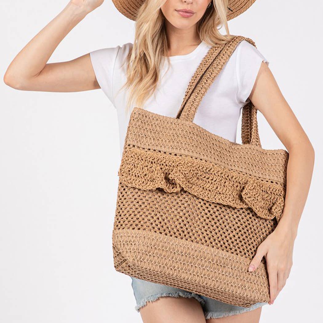 RUFFLE DETAIL CROCHET STRAW BAG