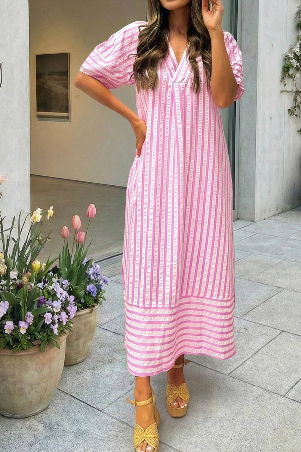 🩷Stripe V-Neck Short Sleeve Long Dress (S-XL)