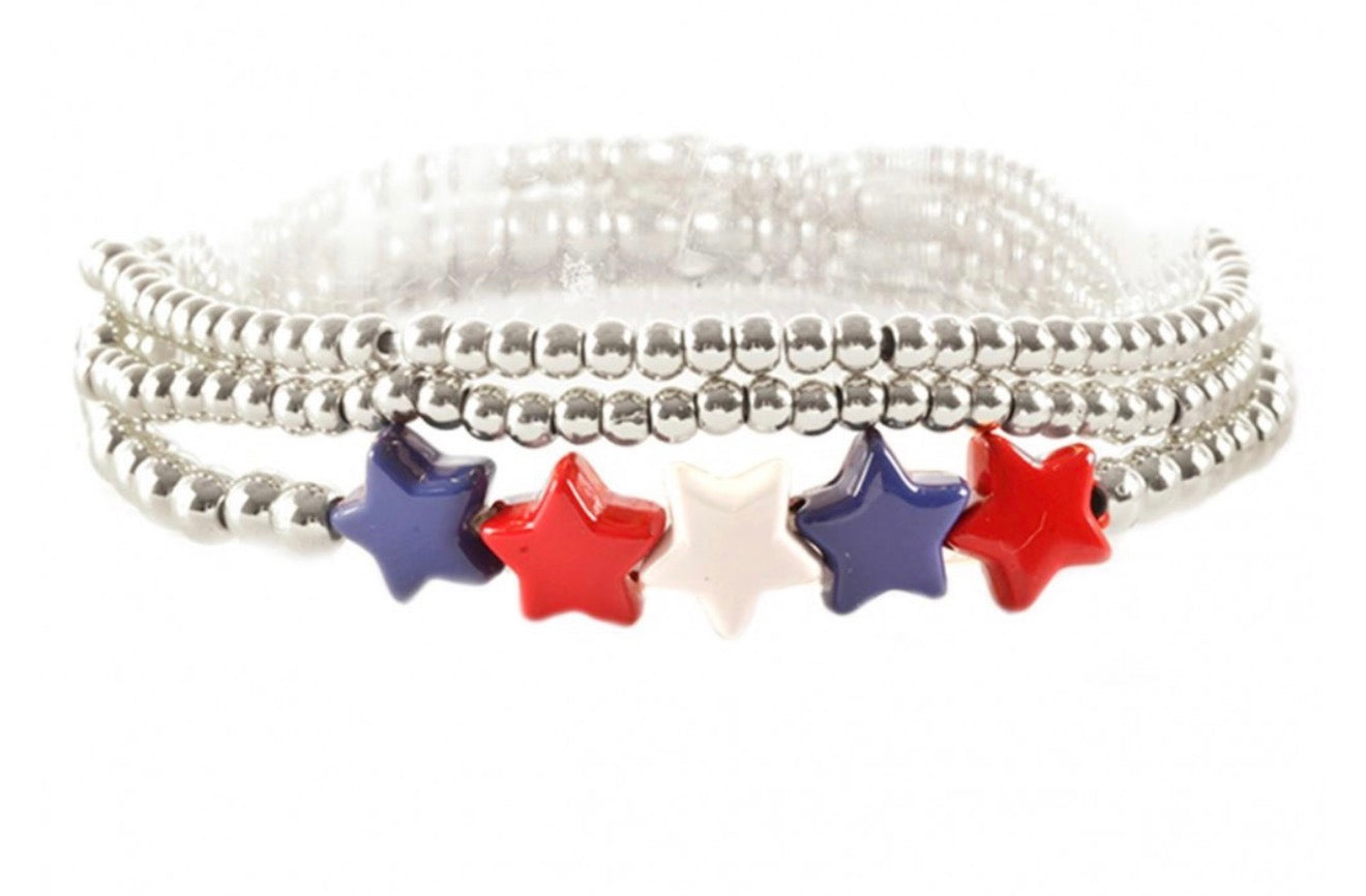 Silver Beaded RWB Star Bracelet Set