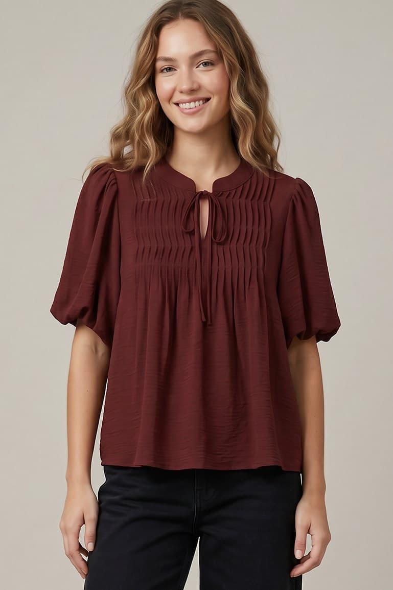 Puff Sleeve Pintuck Detail Woven Top(2 Colors)