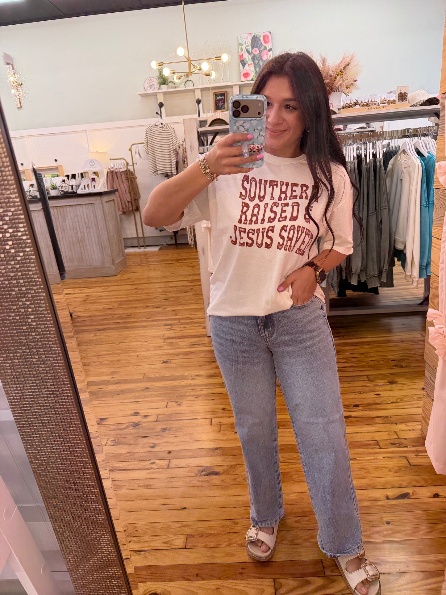 SOUTHERN RAISED & JESUS SAVED Mineral Washed Graphic Top
