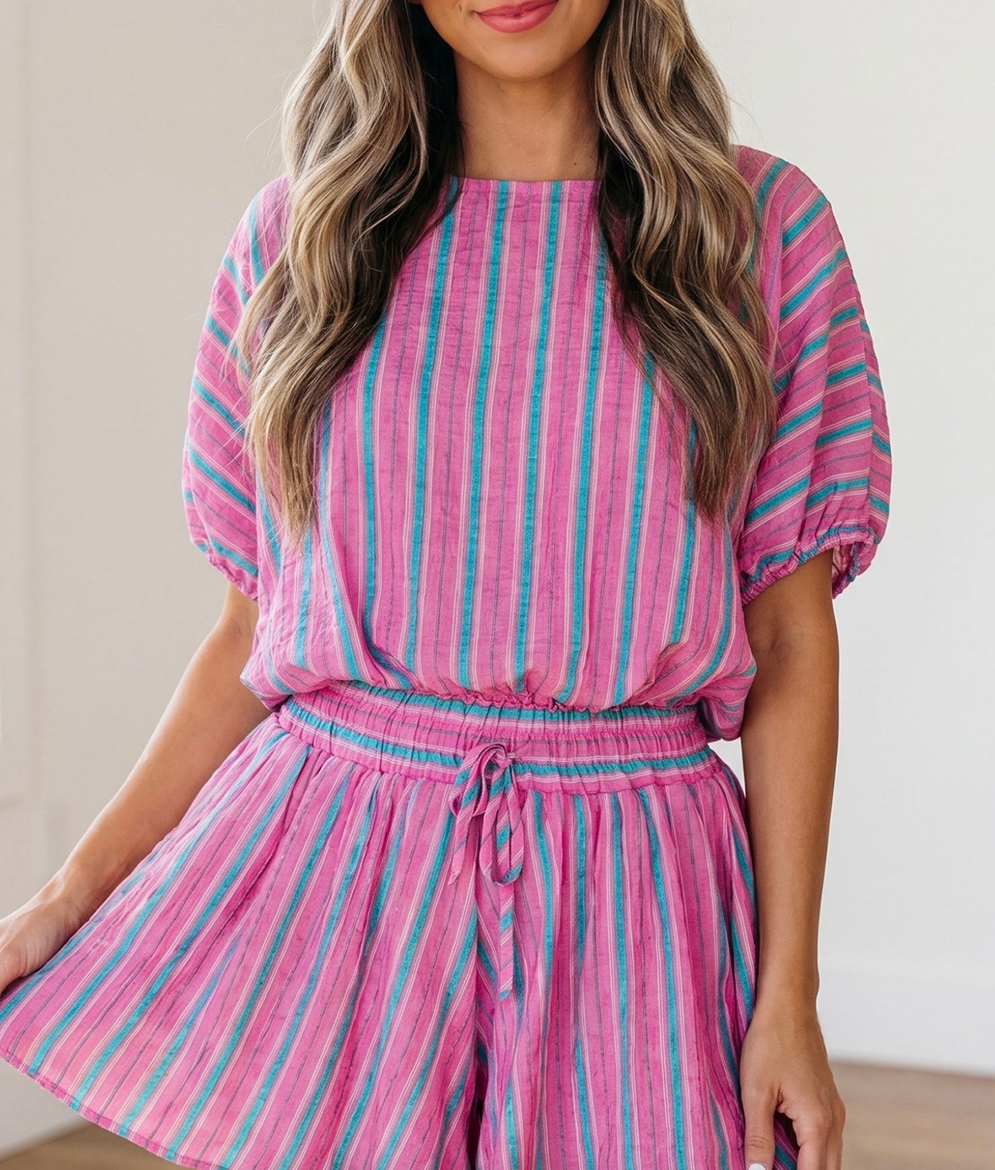 Pink Stripe Dolman Sleeve 2pc Shorts Set