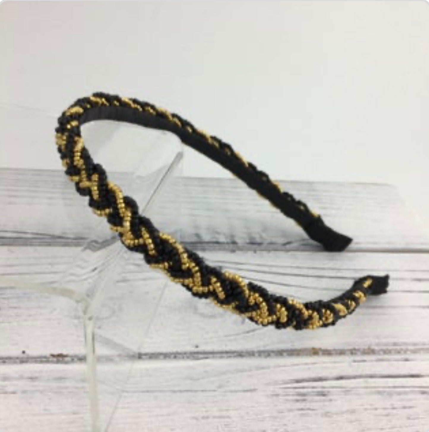 Black and gold thin beaded braided headband
