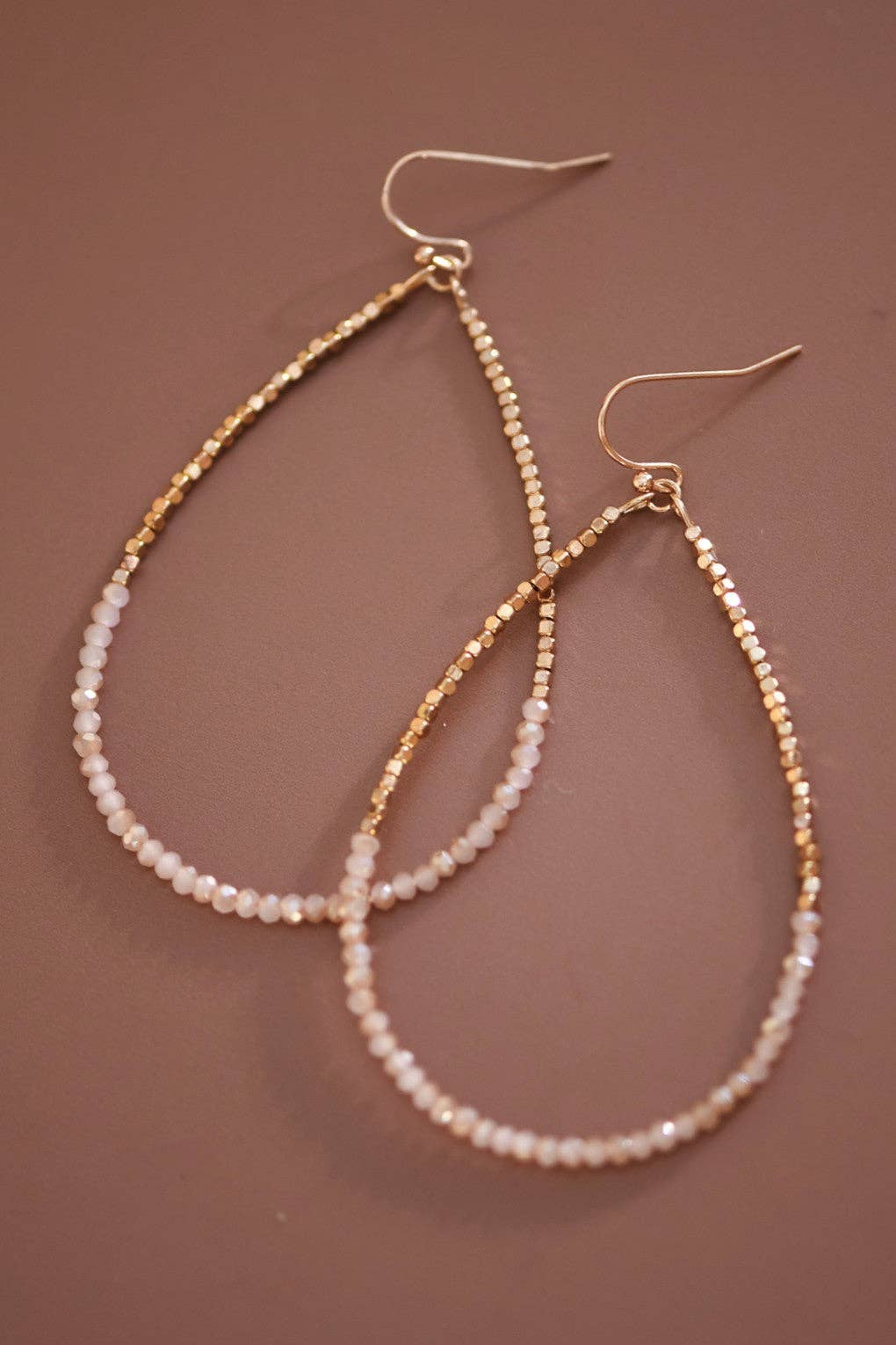 Gold Beaded Hollow Drop Earrings with Glass Beads - 5956