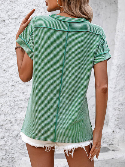 Crew Neck Exposed Seam Twist Detail Short Sleeve Loose Top