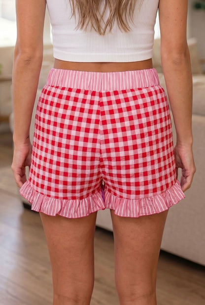 Red Gingham Print Ruffle Shorts