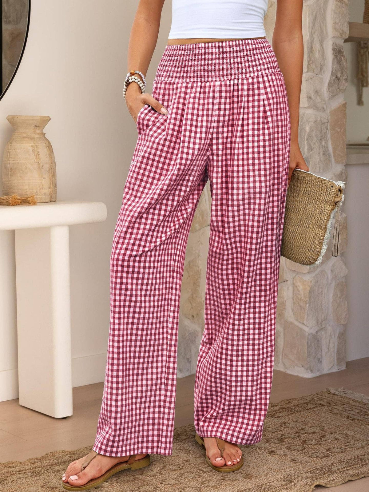 Gingham Smocked Waist Wide Leg Pants with Pockets