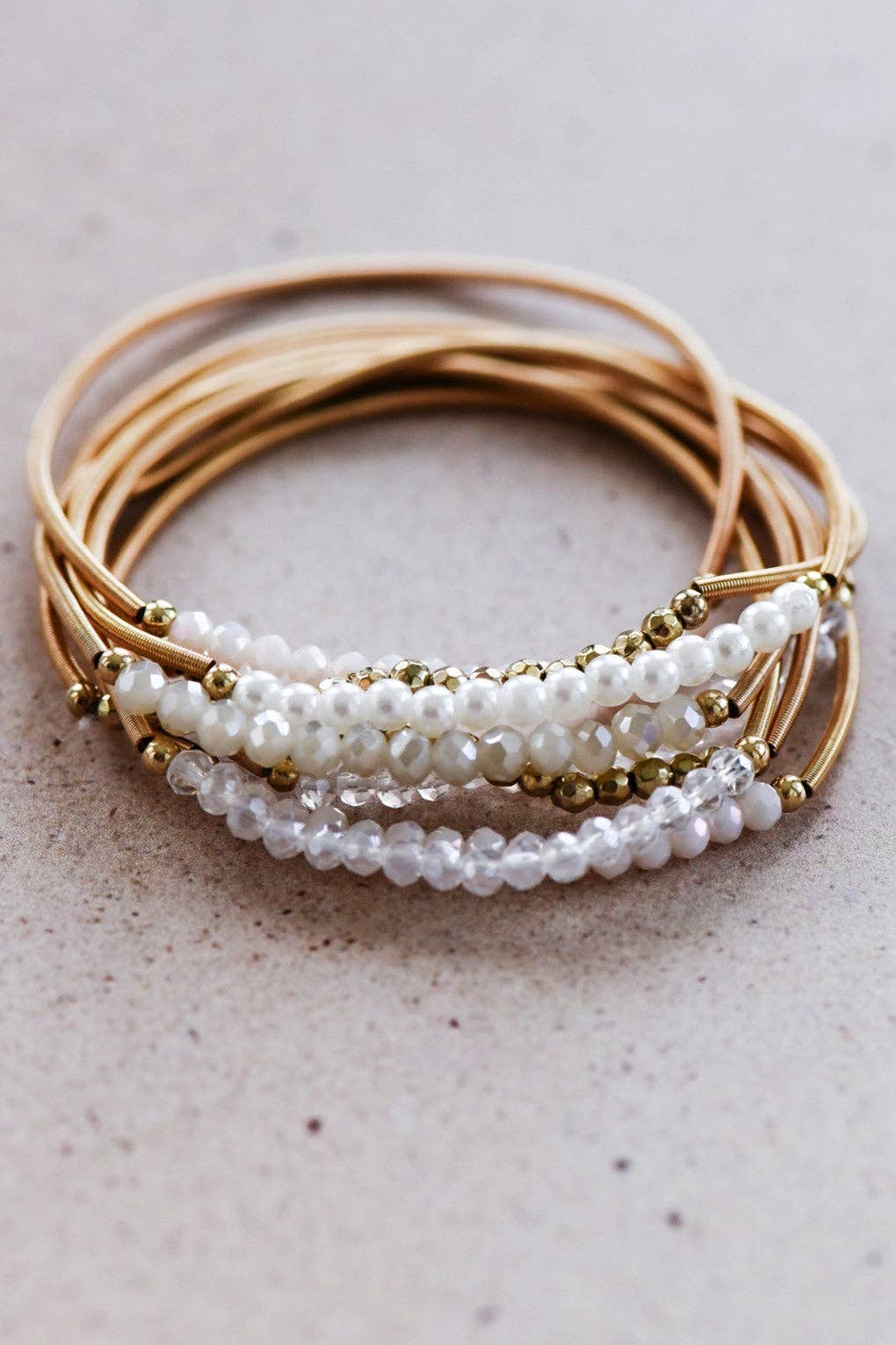 Boho Layered Spring Coil Guitar String White Bracelet Set - 6961