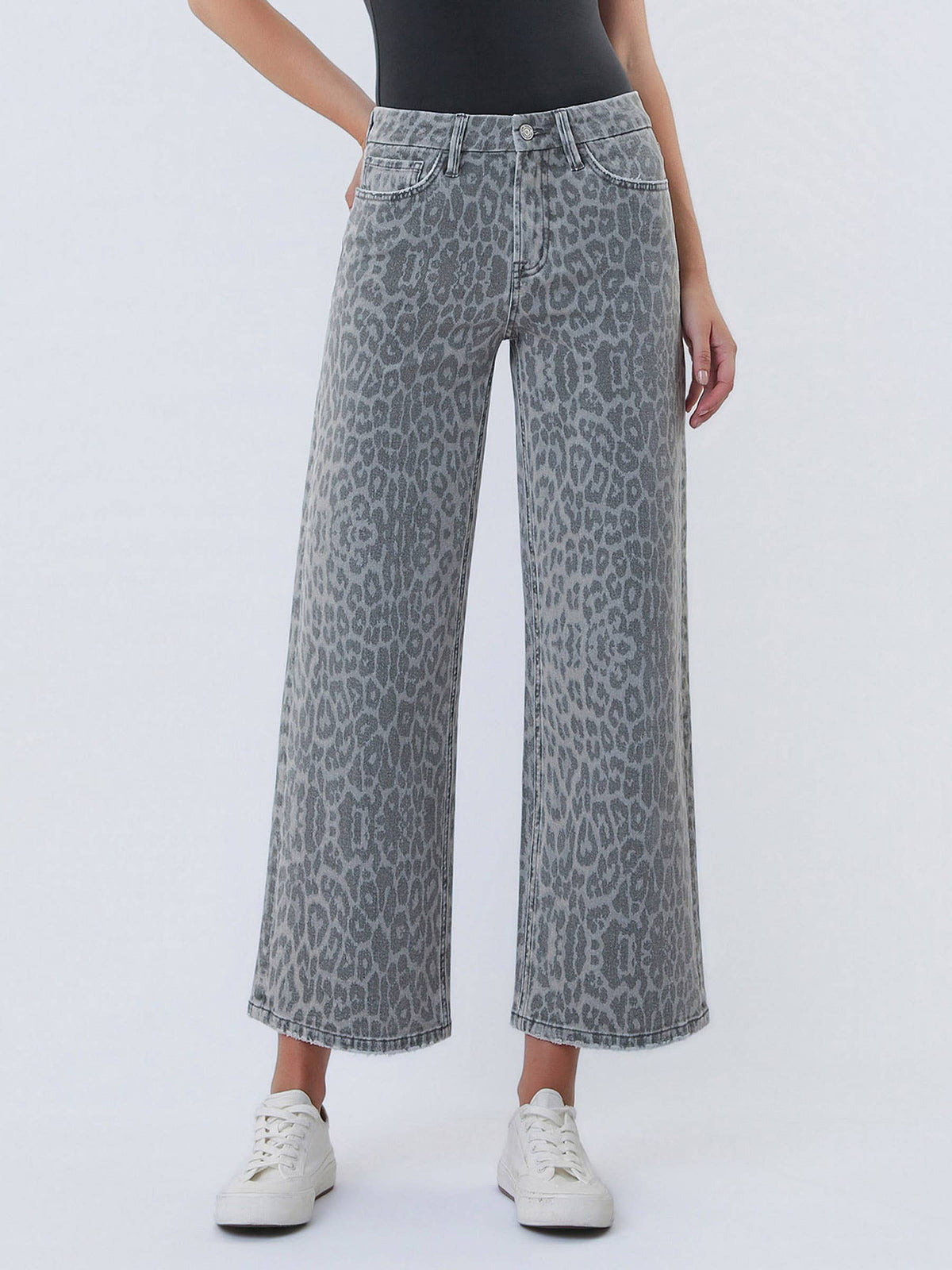 HIGH RISE GREY LEOPARD PRINT CROP WIDE LEG JEANS T7331GLP