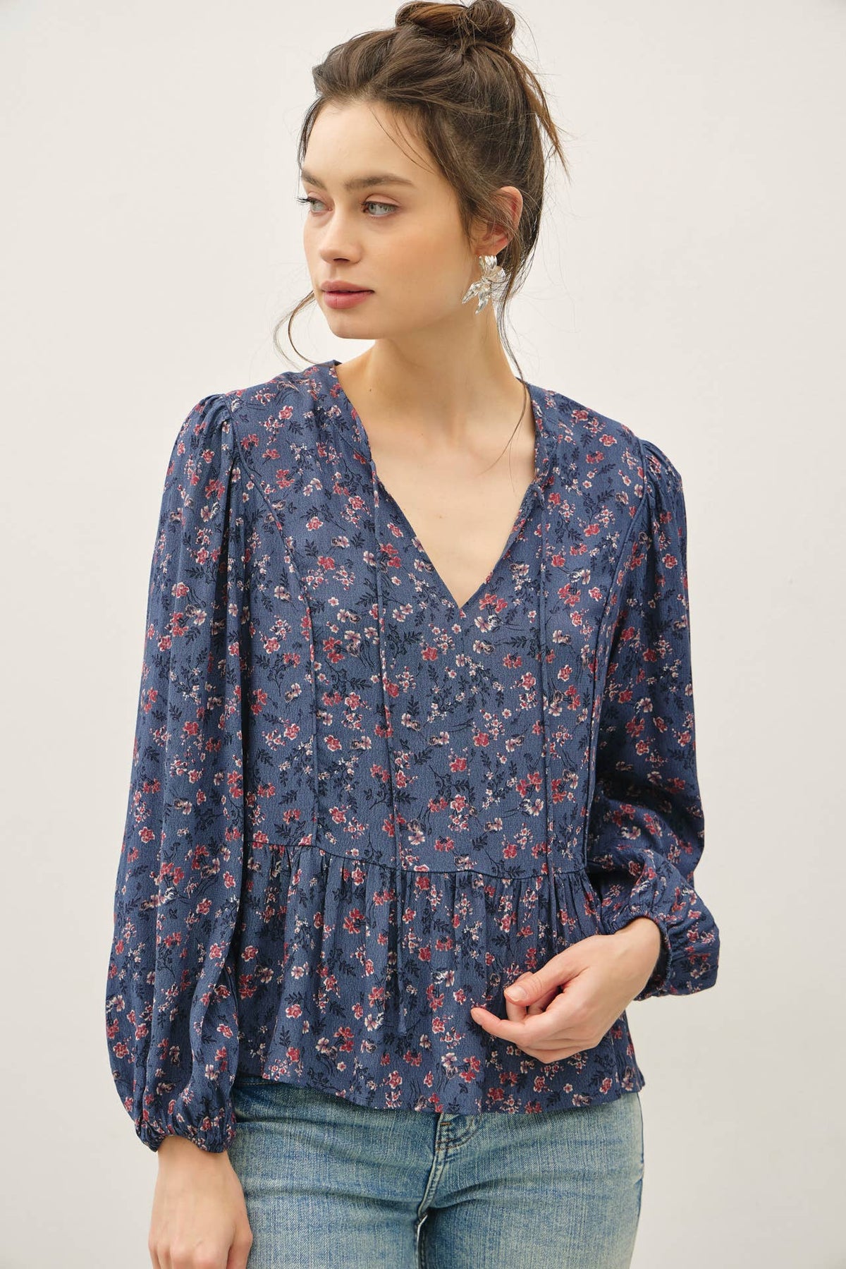 FLORAL PRINT V-NECK CHIFFON BLOUSE TOP
