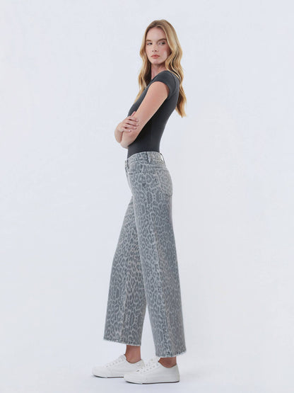 HIGH RISE GREY LEOPARD PRINT CROP WIDE LEG JEANS T7331GLP