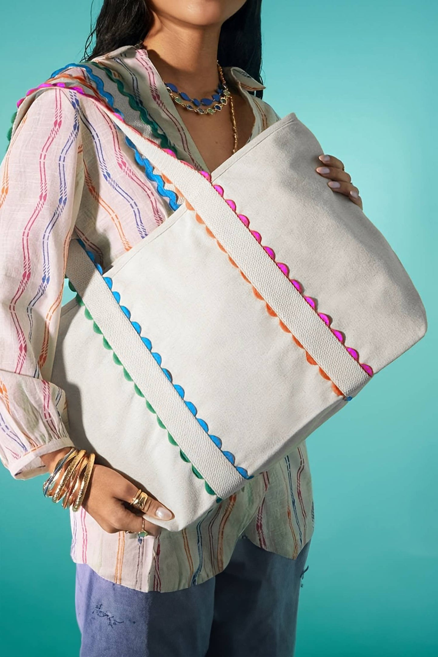 🩷💛🧡Colorful Trimmed Canvas Everyday Tote Bag