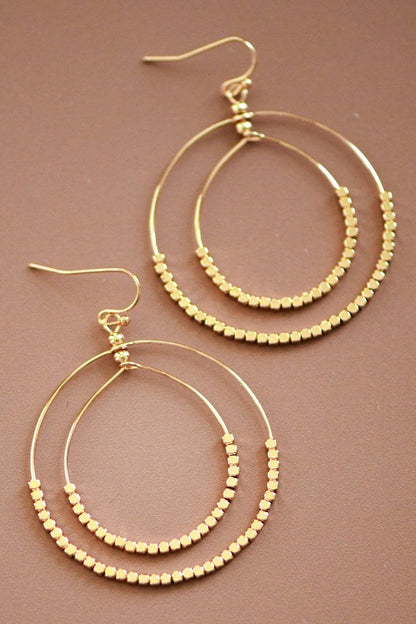 Gold Beaded Double Circle Drop Earrings - 5861