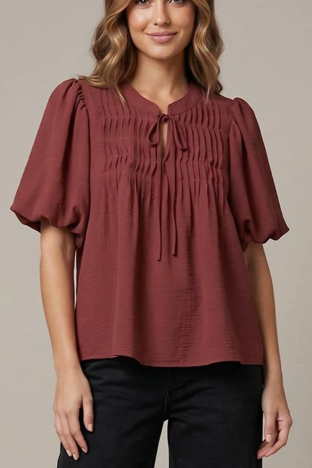 Puff Sleeve Pintuck Detail Woven Top(2 Colors)