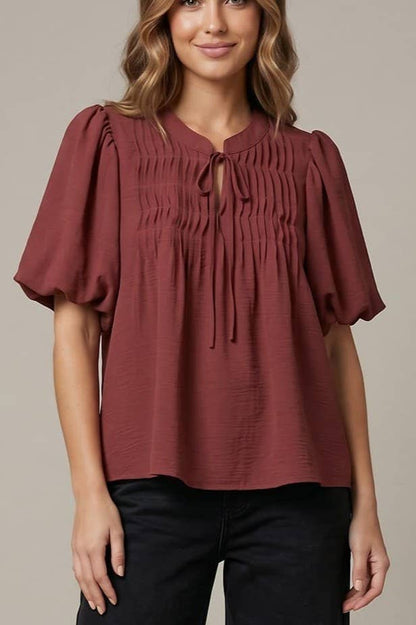 Puff Sleeve Pintuck Detail Woven Top(2 Colors)