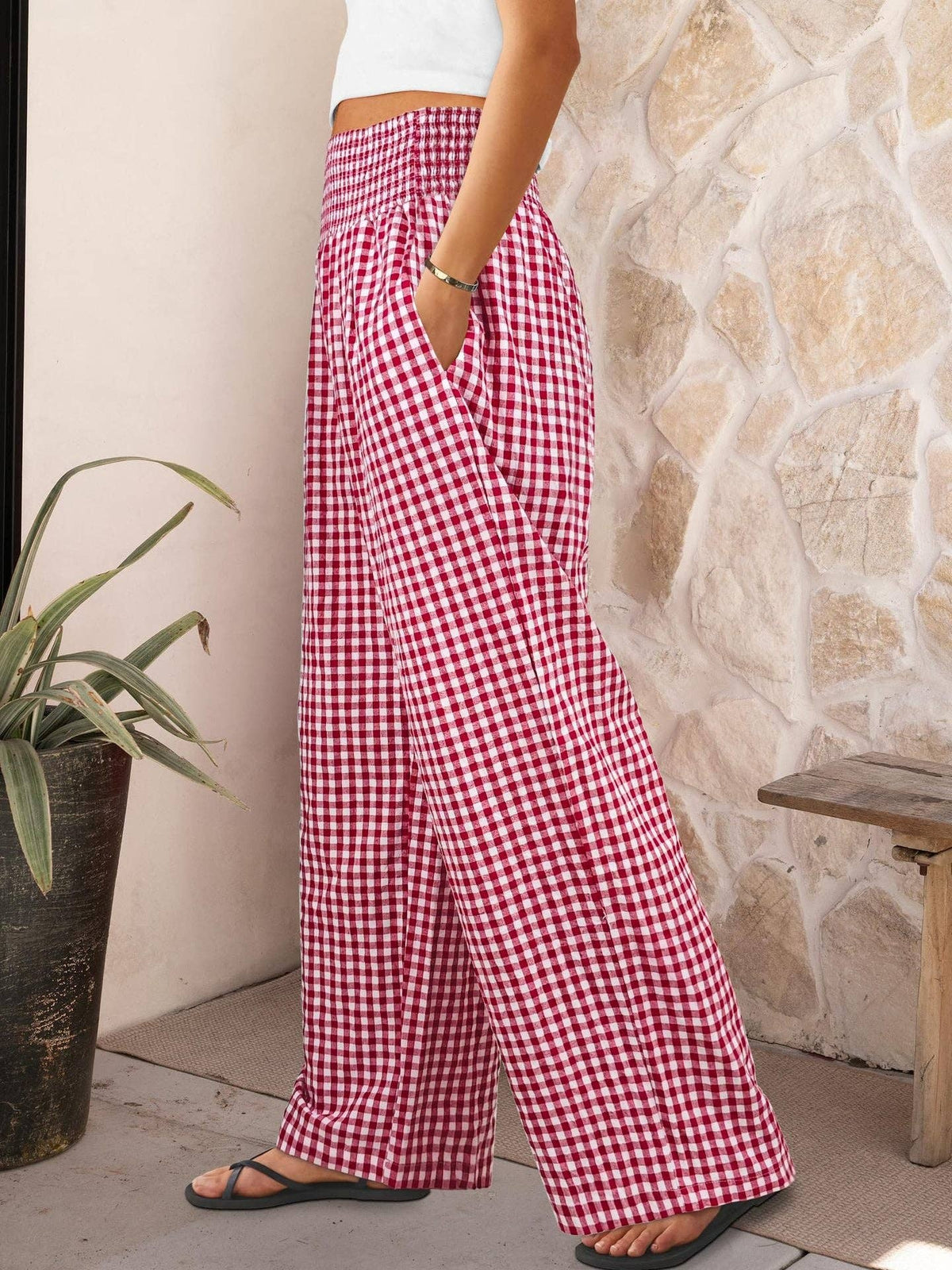 Gingham Smocked Waist Wide Leg Pants with Pockets