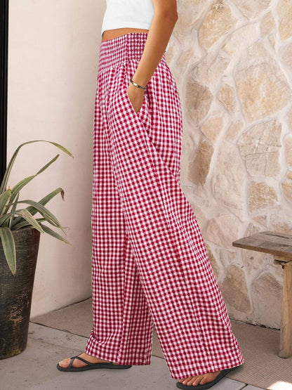 Gingham Smocked Waist Wide Leg Pants with Pockets