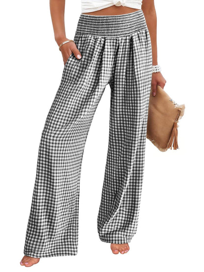 Gingham Smocked Waist Wide Leg Pants with Pockets