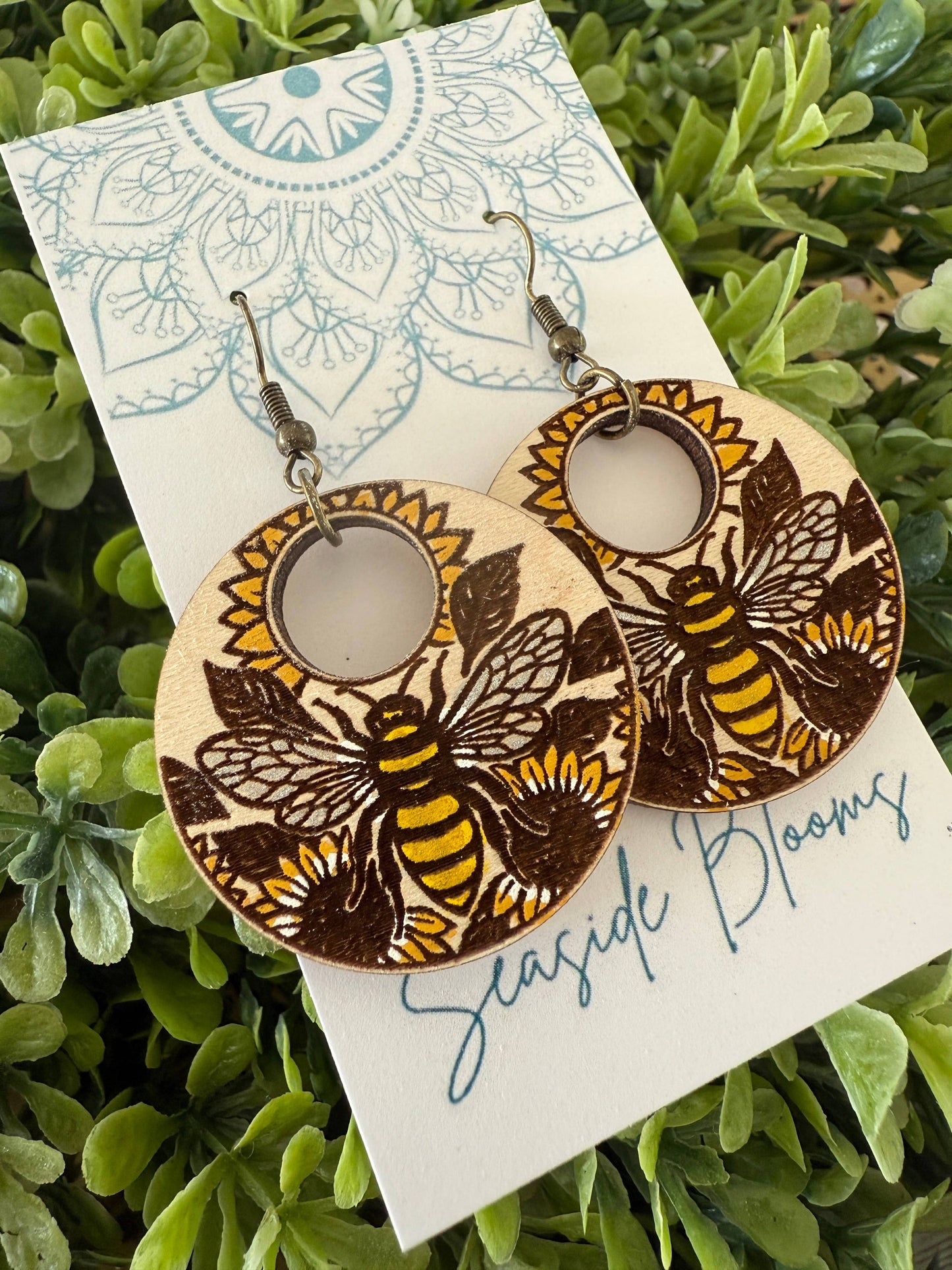 Boho Hand painted maple wood bee earrings  