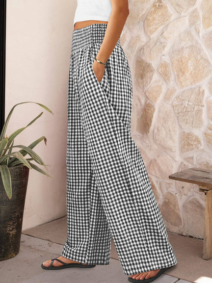 Gingham Smocked Waist Wide Leg Pants with Pockets
