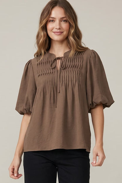 Puff Sleeve Pintuck Detail Woven Top(2 Colors)