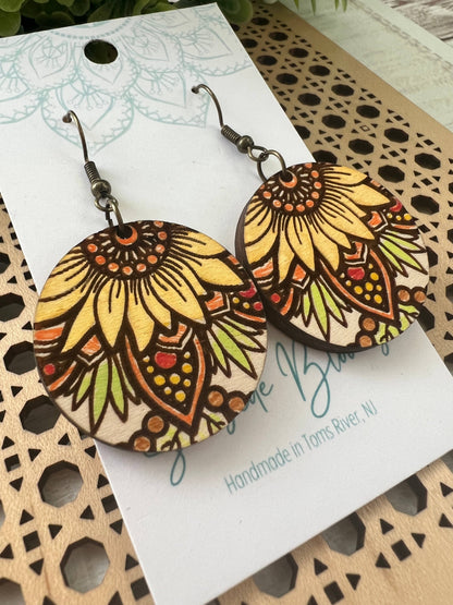 🌻Sunflower mandala hand painted wood earrings