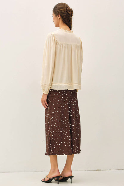 RUFFLED V-NECK SILKY PEASANT BLOUSE