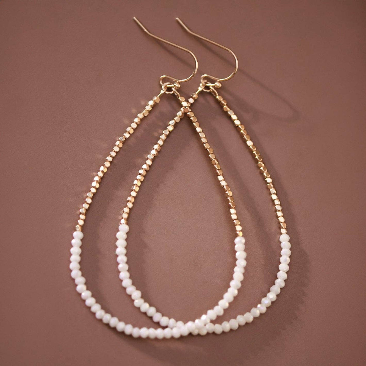 Gold Beaded Hollow Drop Earrings with White Glass Beads - 6390