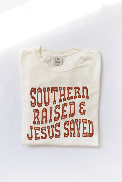 SOUTHERN RAISED & JESUS SAVED Mineral Washed Graphic Top