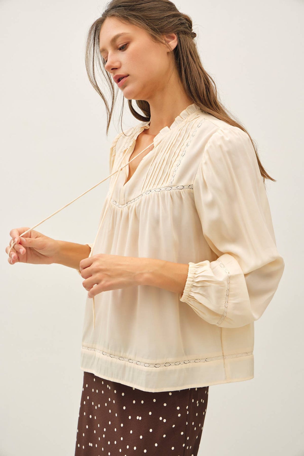 RUFFLED V-NECK SILKY PEASANT BLOUSE