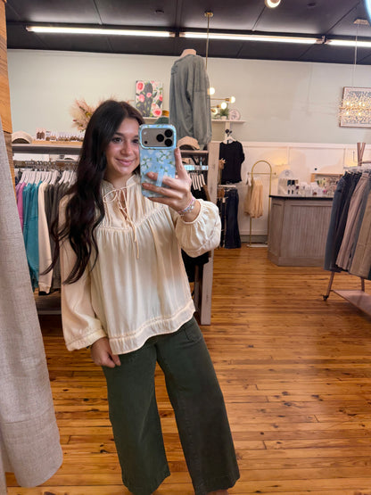 RUFFLED V-NECK SILKY PEASANT BLOUSE
