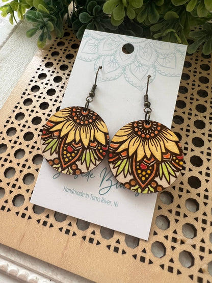🌻Sunflower mandala hand painted wood earrings