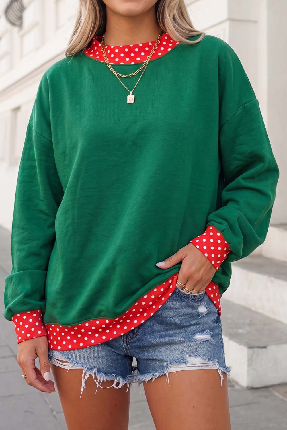 Georgia Polka Dot Trim Mockneck Sweatshirt | S-XL
