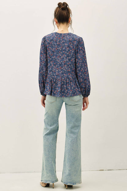 FLORAL PRINT V-NECK CHIFFON BLOUSE TOP