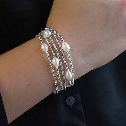 Uno Silver Plated Beaded Stretch Bracelet with Pearl