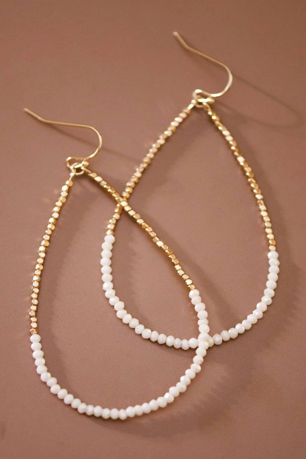 Gold Beaded Hollow Drop Earrings with White Glass Beads - 6390