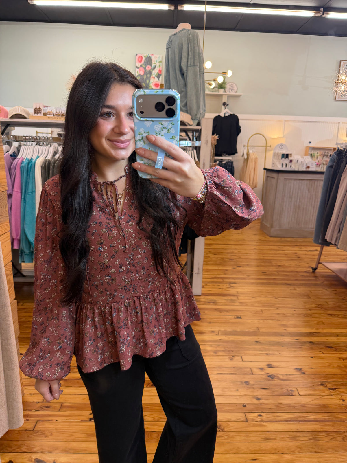 FLORAL PRINT V-NECK CHIFFON BLOUSE TOP