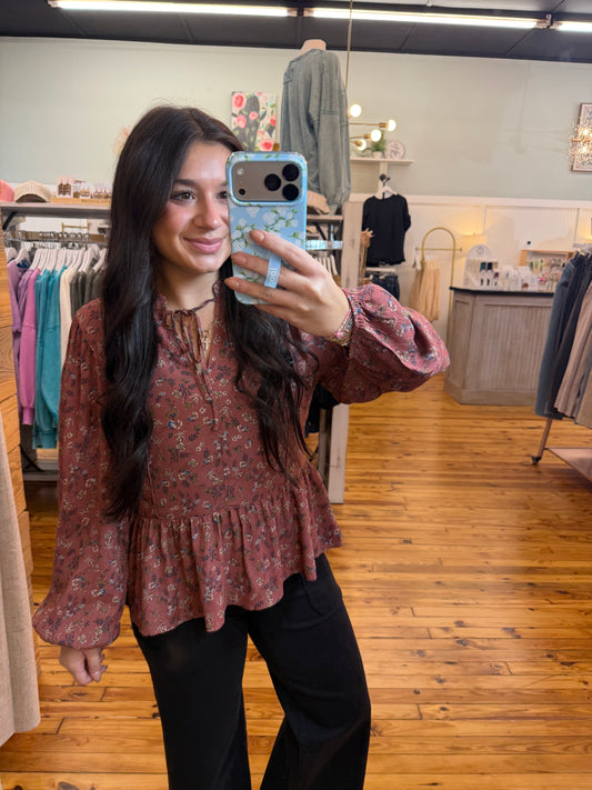 FLORAL PRINT V-NECK CHIFFON BLOUSE TOP