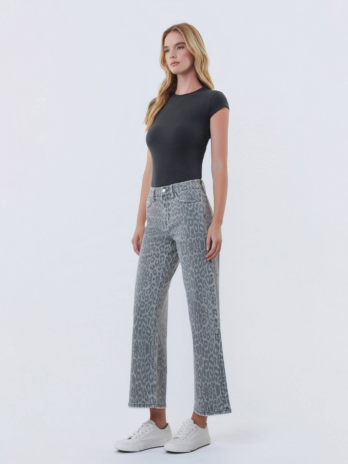 HIGH RISE GREY LEOPARD PRINT CROP WIDE LEG JEANS T7331GLP