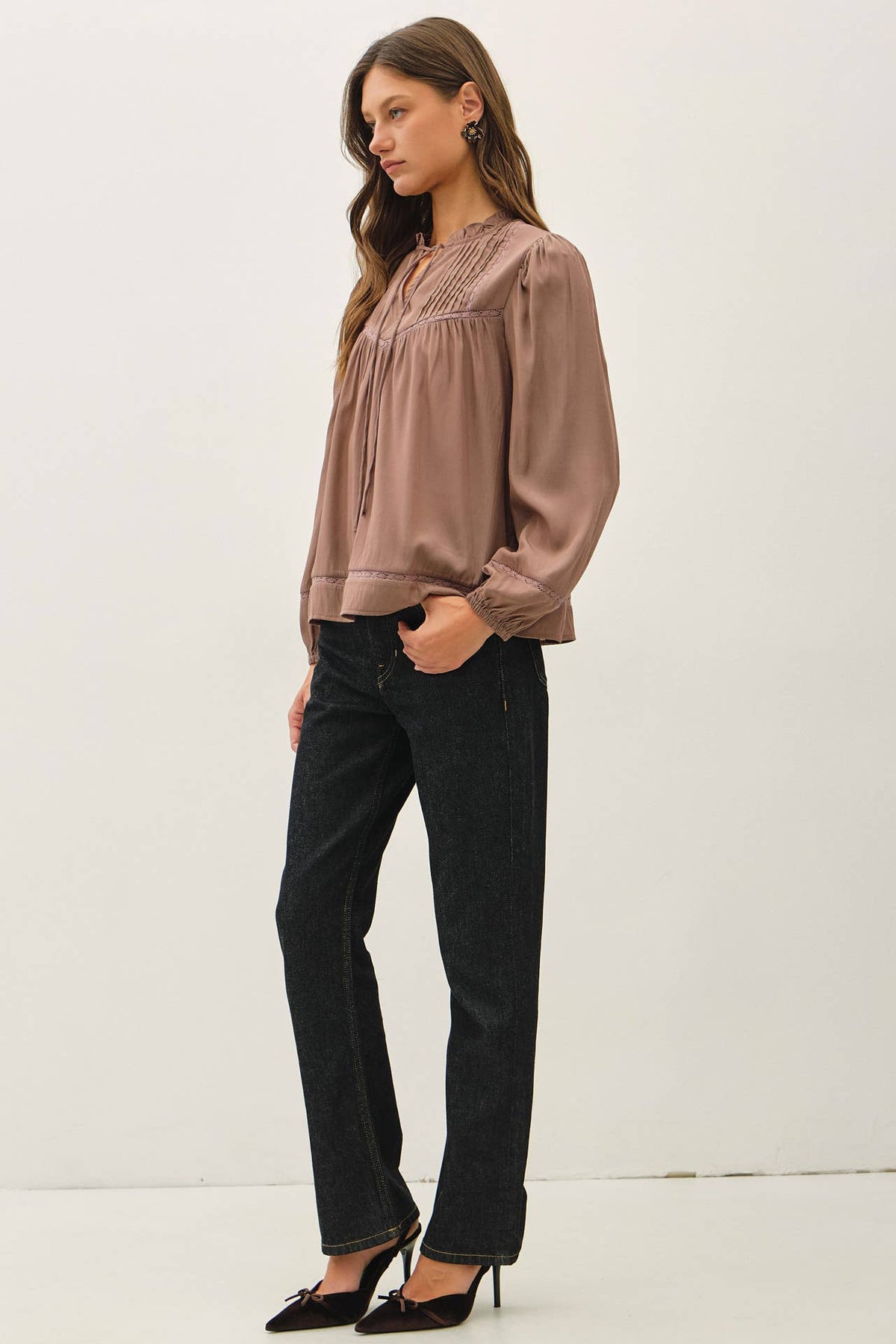 RUFFLED V-NECK SILKY PEASANT BLOUSE