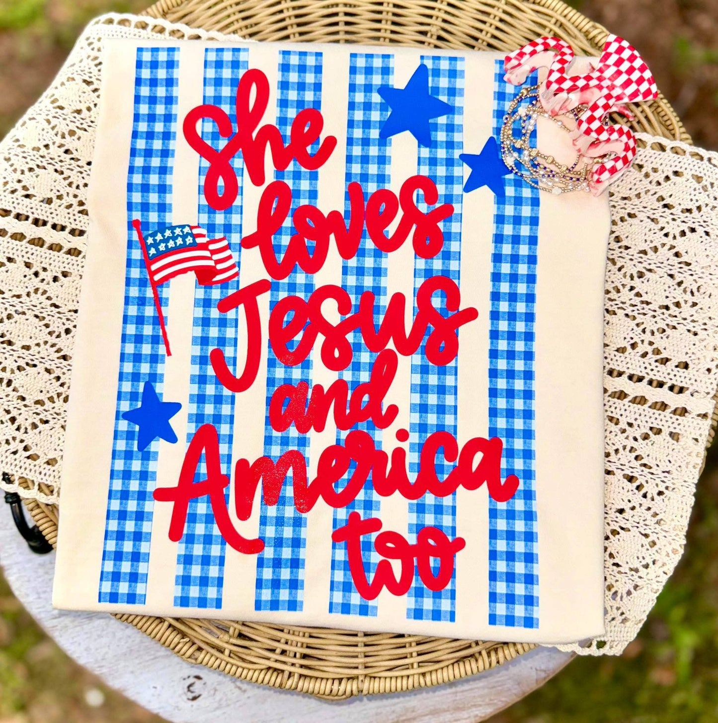 💙♥️🇺🇸She Loves Jesus Shirt and America Too Graphic Tee(S-3X)