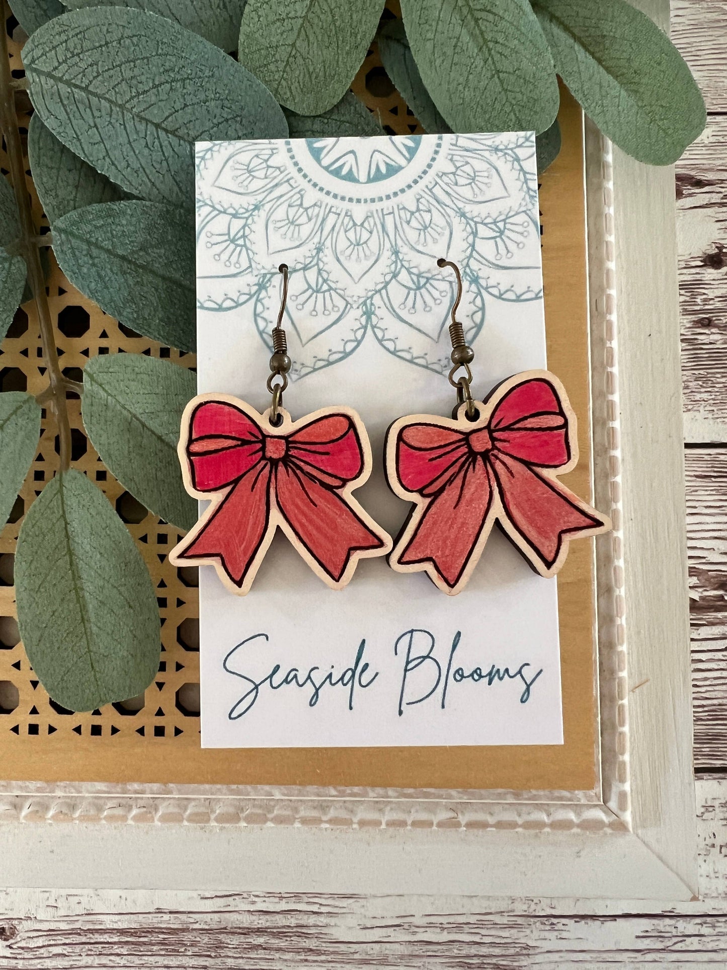 Bow hand painted lightweight maple wood bow earrings