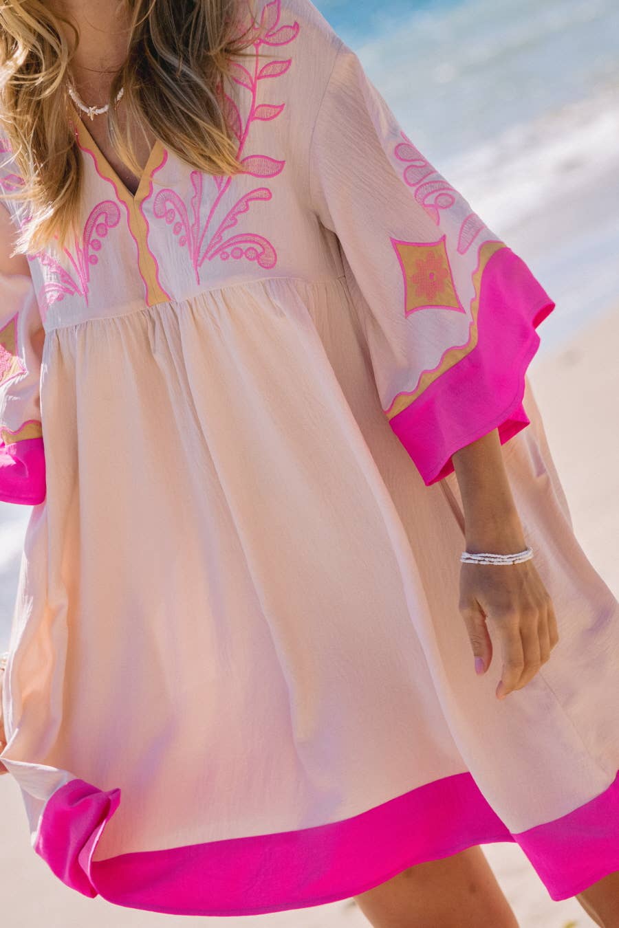 The Katie Embroidered Plunge V Neck Mini Dress (S-L)(Runs Roomy)