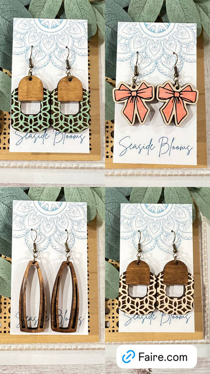 Bow hand painted lightweight maple wood bow earrings