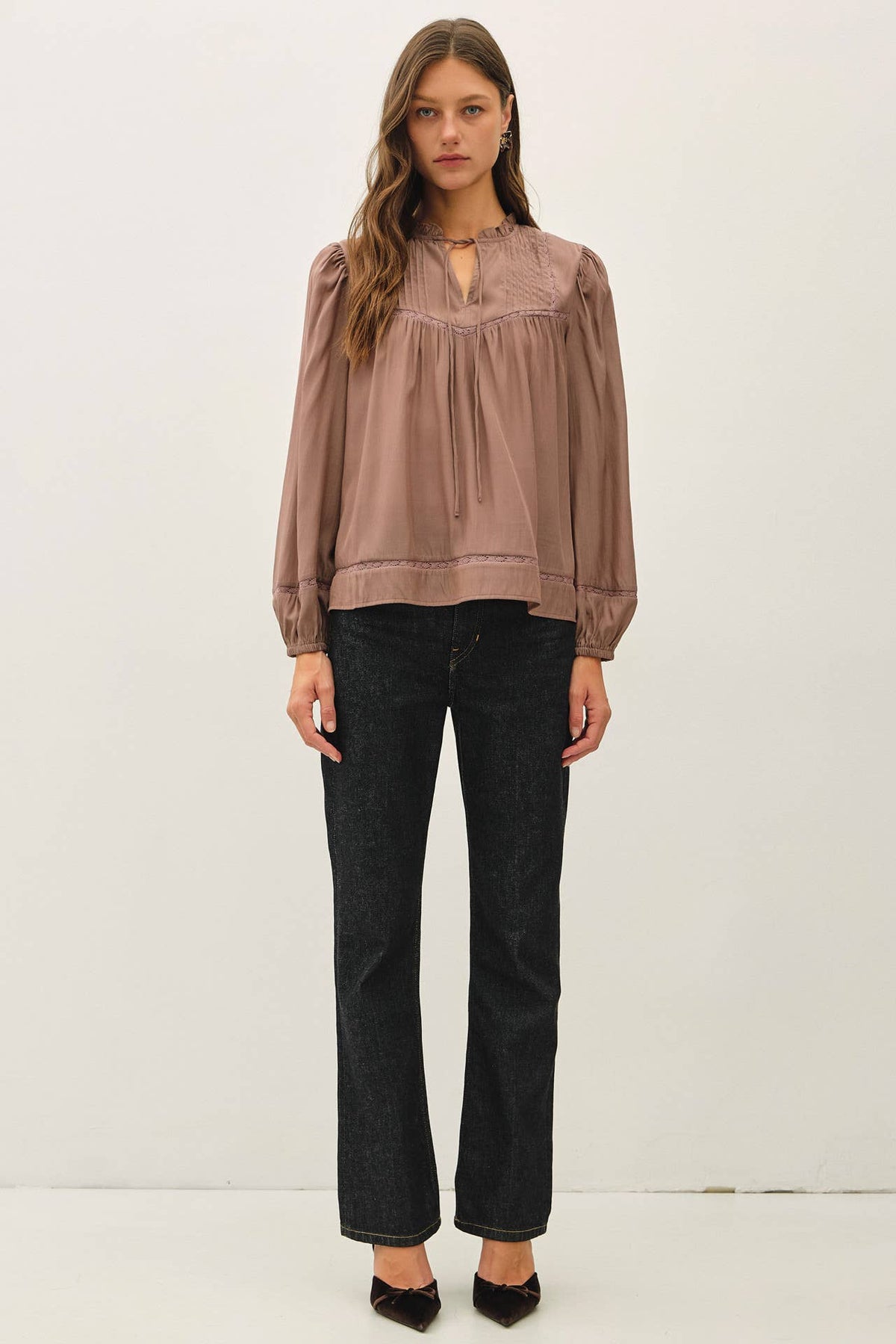 RUFFLED V-NECK SILKY PEASANT BLOUSE